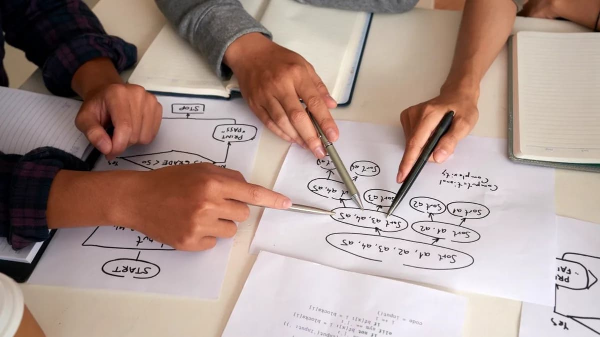 Hands pointing at a hand-drawn process map